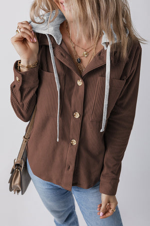 Drawstring Button Up Long Sleeve Hooded Jacket - Sydney So Sweet