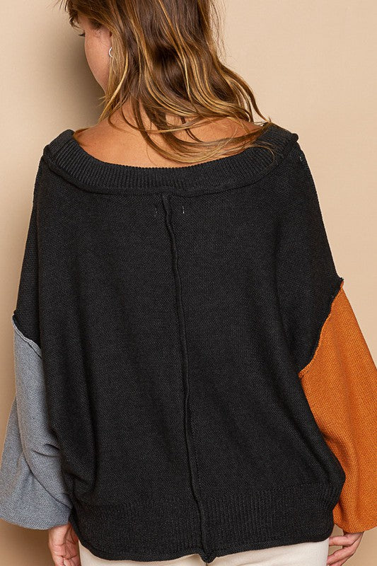 POL Exposed Seam Roll Edge Color Block V Neck Sweater - Sydney So Sweet