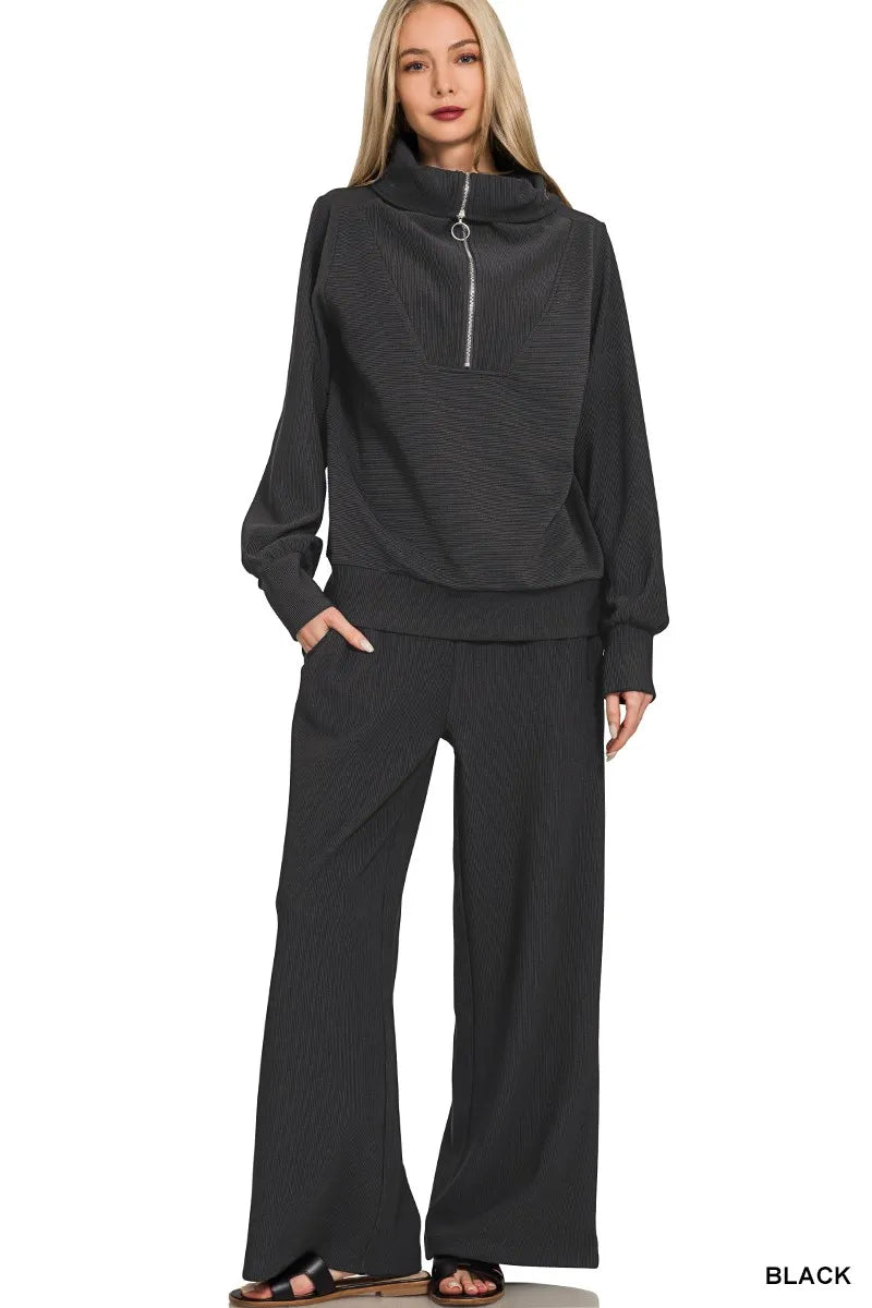 Zenana Ribbed High Neck Half Zip Pullover & Pants Set - Sydney So Sweet