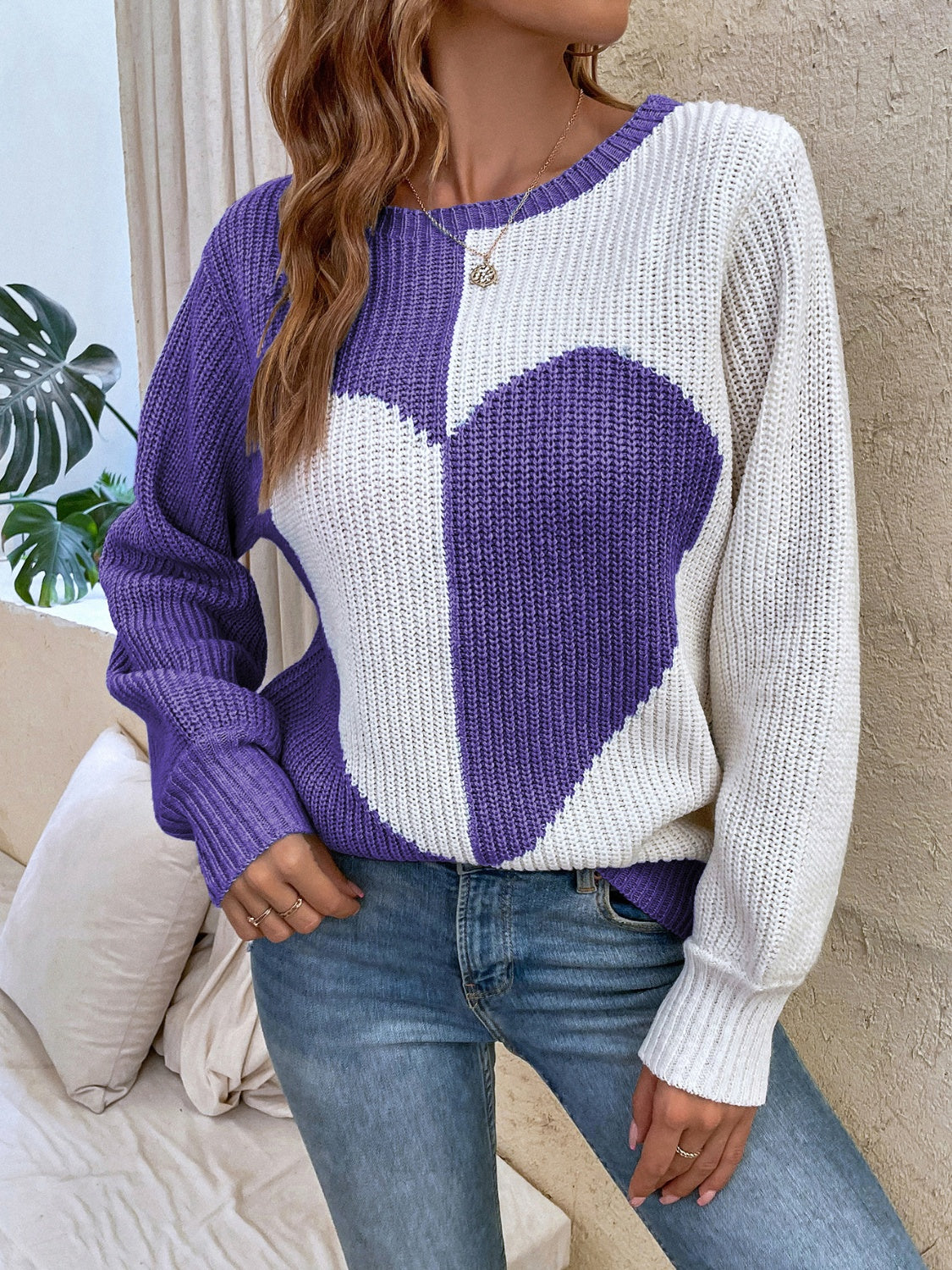 Contrast Heart Round Neck Long Sleeve Sweater - Sydney So Sweet