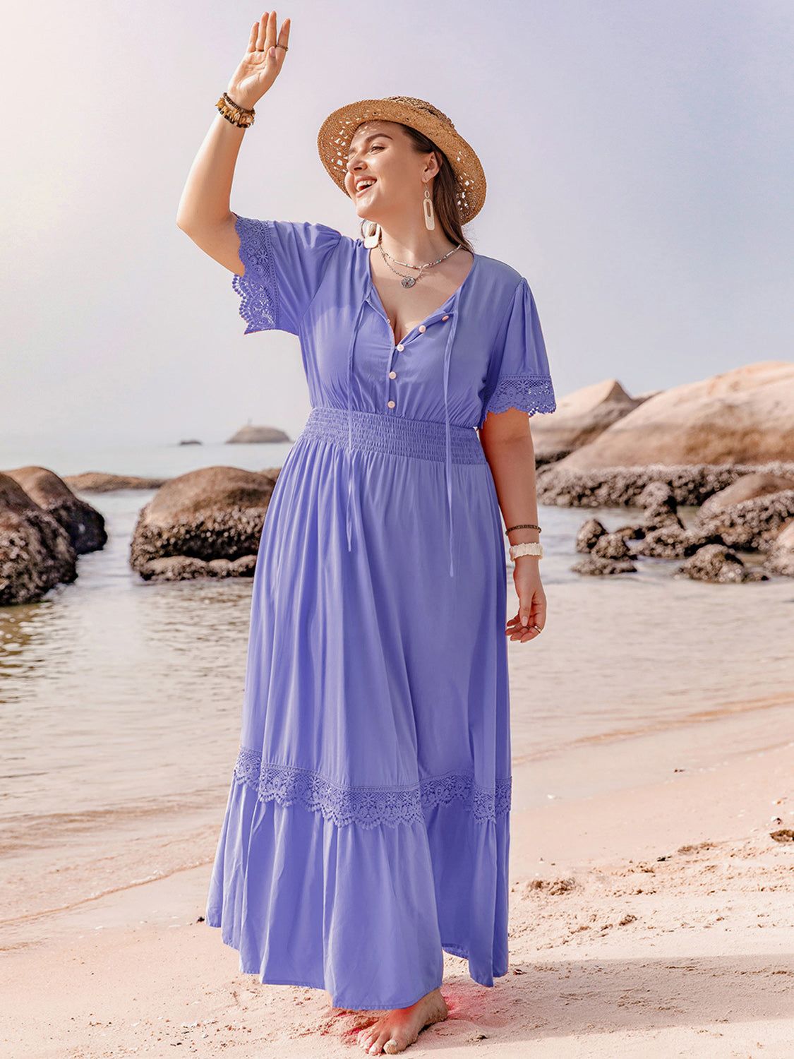 Plus Size Lace Detail Tie Neck Short Sleeve Maxi Dress - Sydney So Sweet