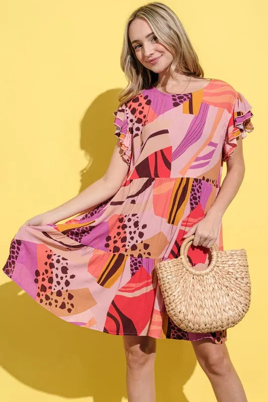 And The Why Printed Double Ruffles Sleeve Dress - Sydney So Sweet