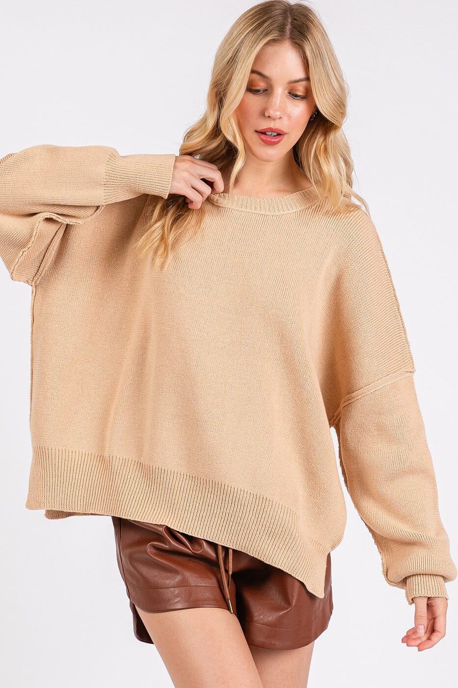 Mittoshop Side Slit Round Neck Drop Shoulder Sweater - Sydney So Sweet