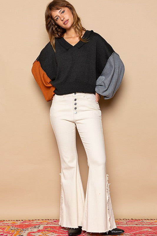 POL Exposed Seam Roll Edge Color Block V Neck Sweater - Sydney So Sweet