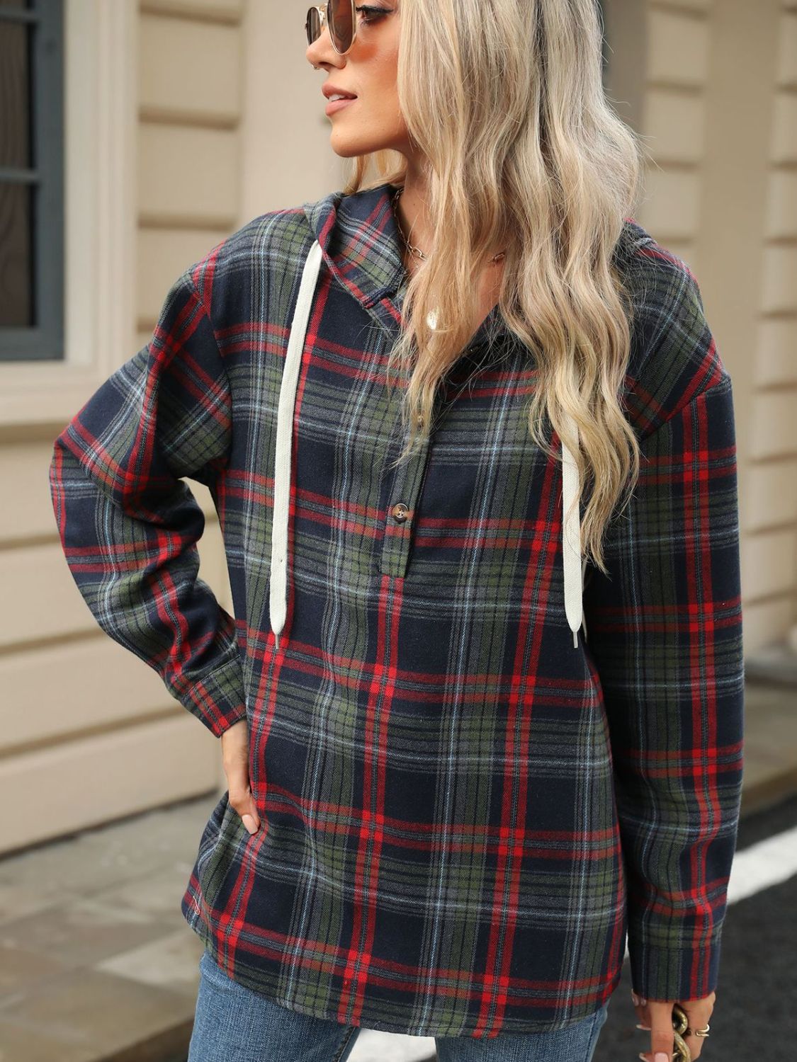 Drawstring Plaid Hooded Long Sleeve Top - Sydney So Sweet