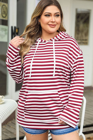 Plus Size Drawstring Striped Dropped Shoulder Hoodie - Sydney So Sweet