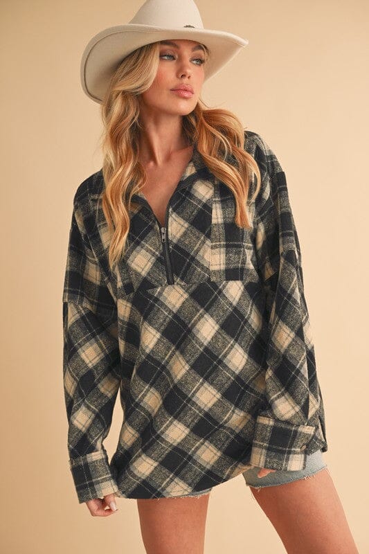 Aemi + Co Slit Plaid Half Zip Drop Shoulder Top - Sydney So Sweet