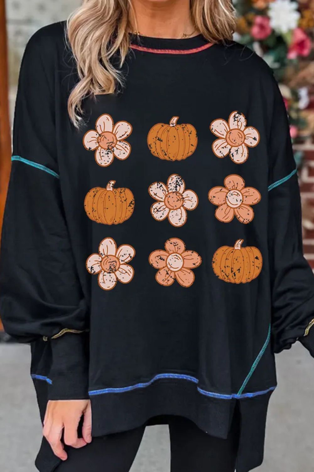 Pumpkin &amp; Flower Graphic Long Sleeve Sweatshirt - Sydney So Sweet