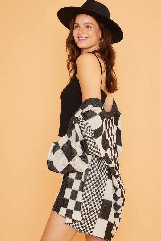 Annie Wear Checkered Open Front Drop Shoulder Cardigan - Sydney So Sweet