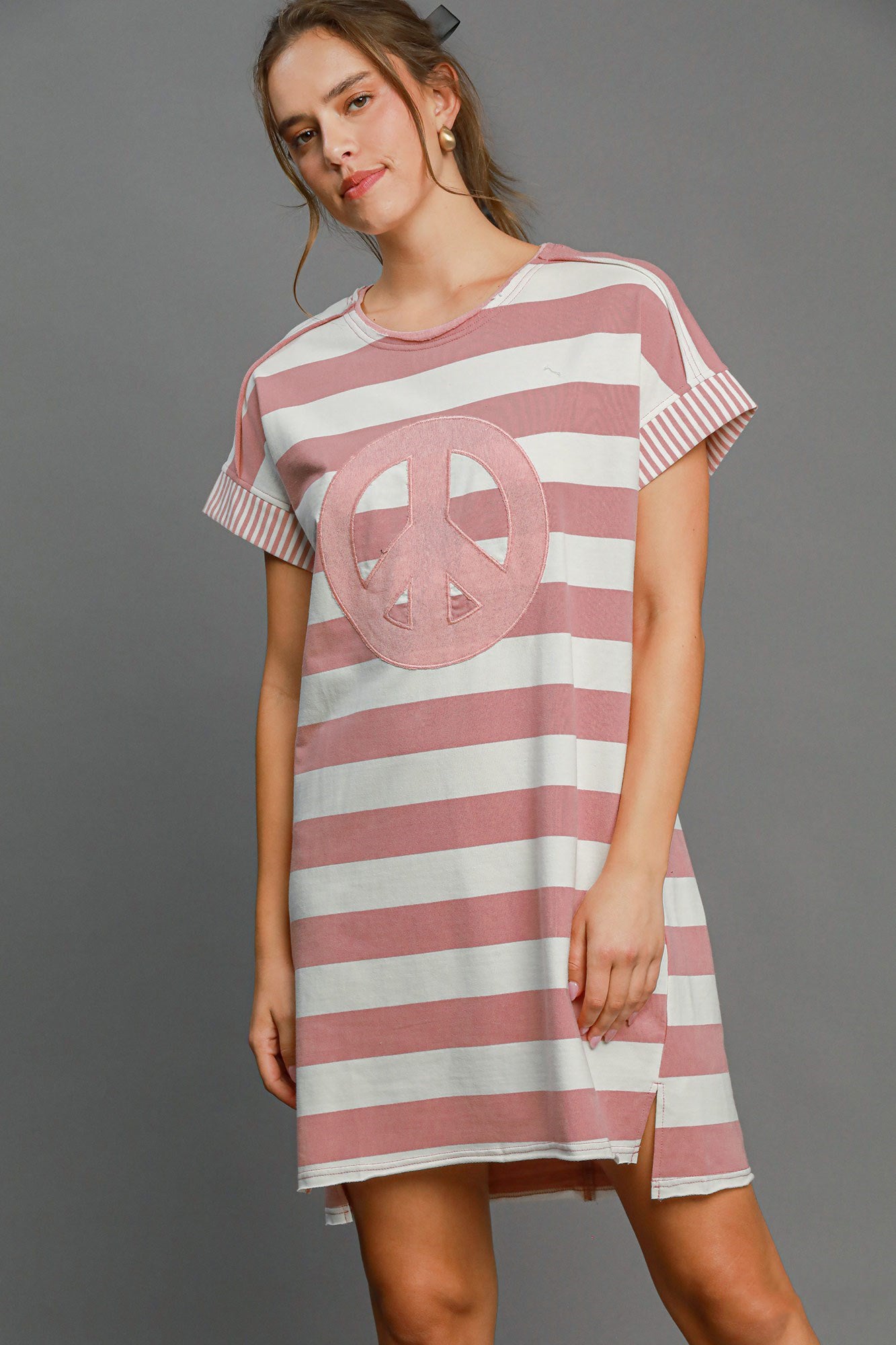 Umgee Peace Applique Striped Short Sleeve Mini Dress - Sydney So Sweet