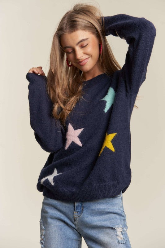 ADORA Stars Pattern Round Neck Drop Shoulder Sweater - Sydney So Sweet