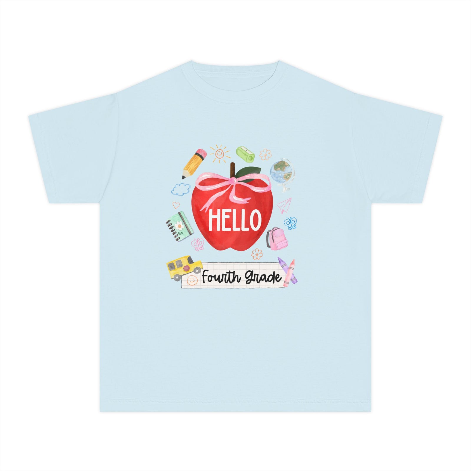 Hello Fourth Grade Preppy Coquette Apple Graphic Tee Back to School 4th Grade T-Shirt