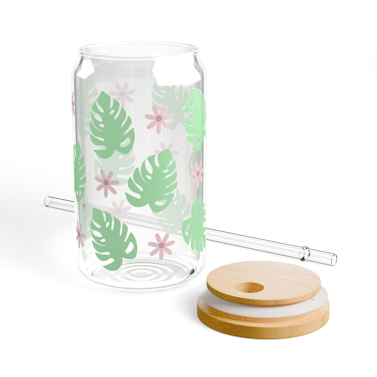 Monstera Plant Tumbler Sipper Glass 16oz — Reusable Drink Jar with Lid & Straw