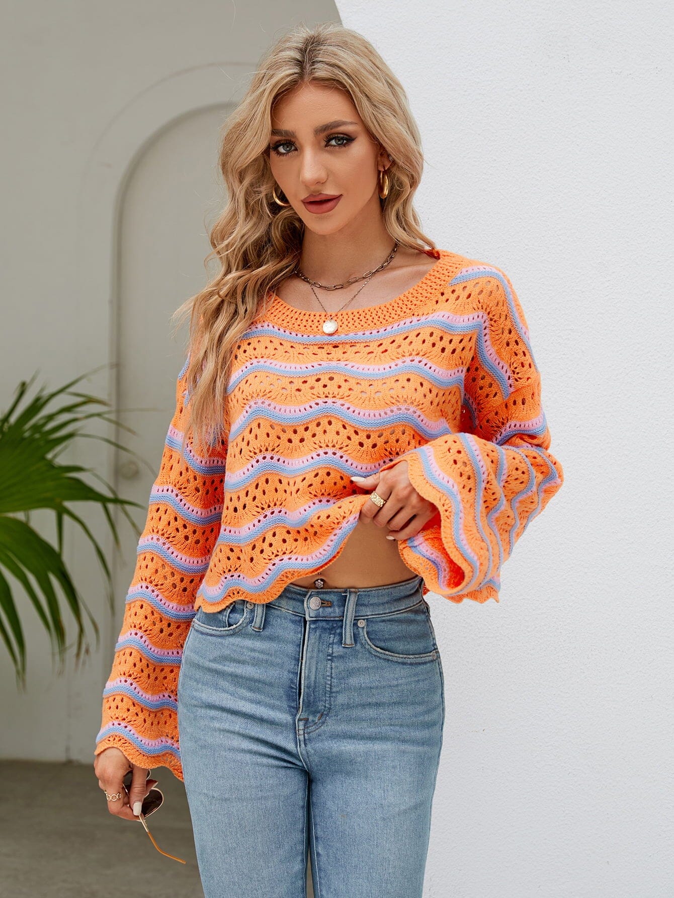 Round Neck Openwork Flare Sleeve Knit Top - Sydney So Sweet