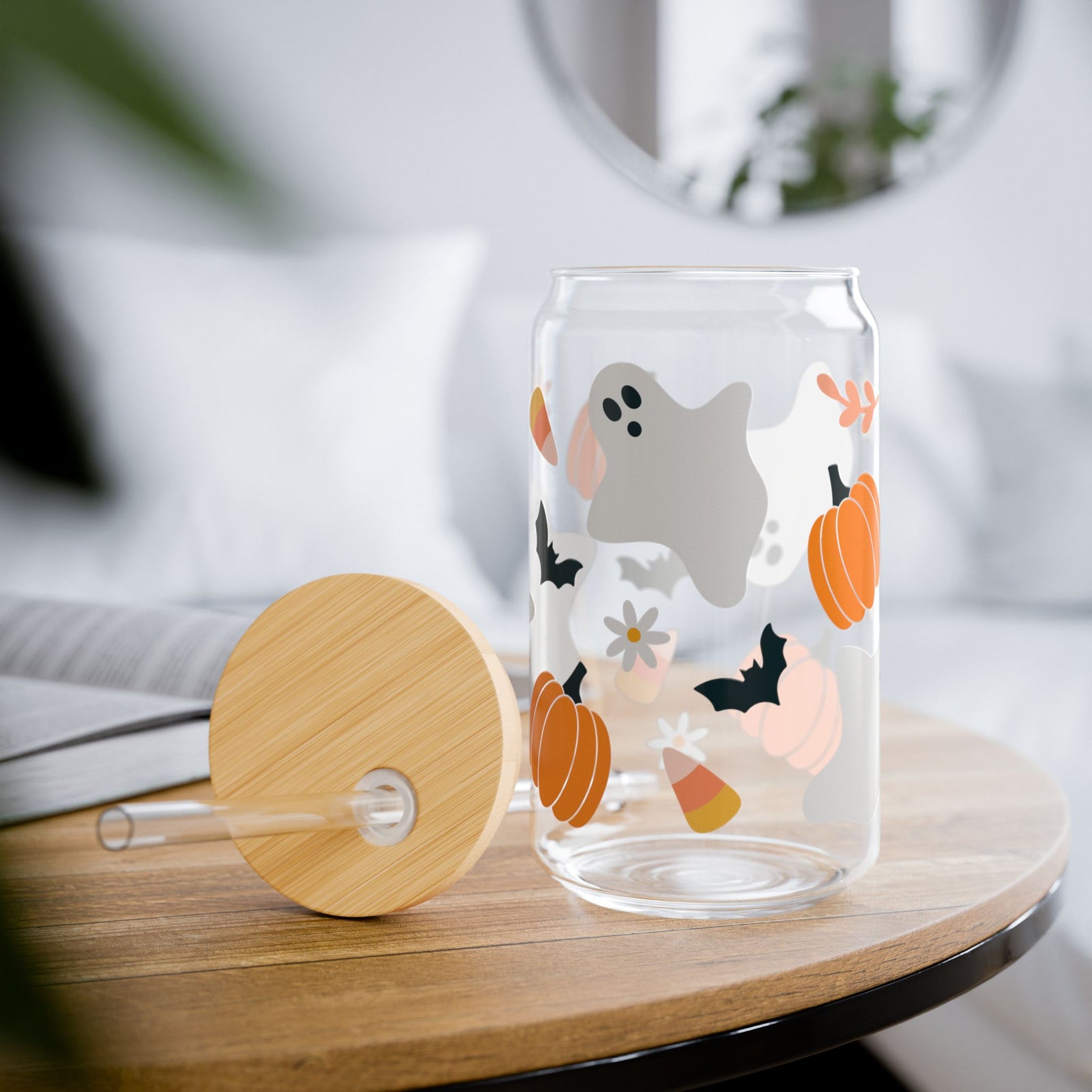 Halloween Classic Ghost & Pumpkin Sipper Glass 16oz Reusable Drink Jar with Lid & Straw