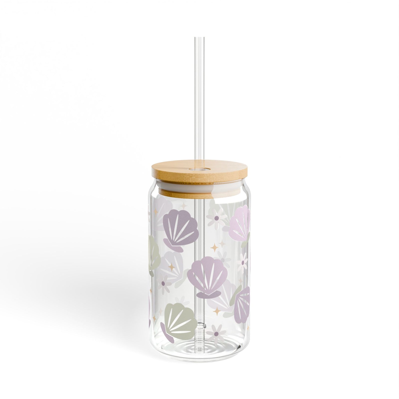 Floral & Seashell Lavender Sipper Glass 16oz — Reusable Drink Jar with Lid & Straw