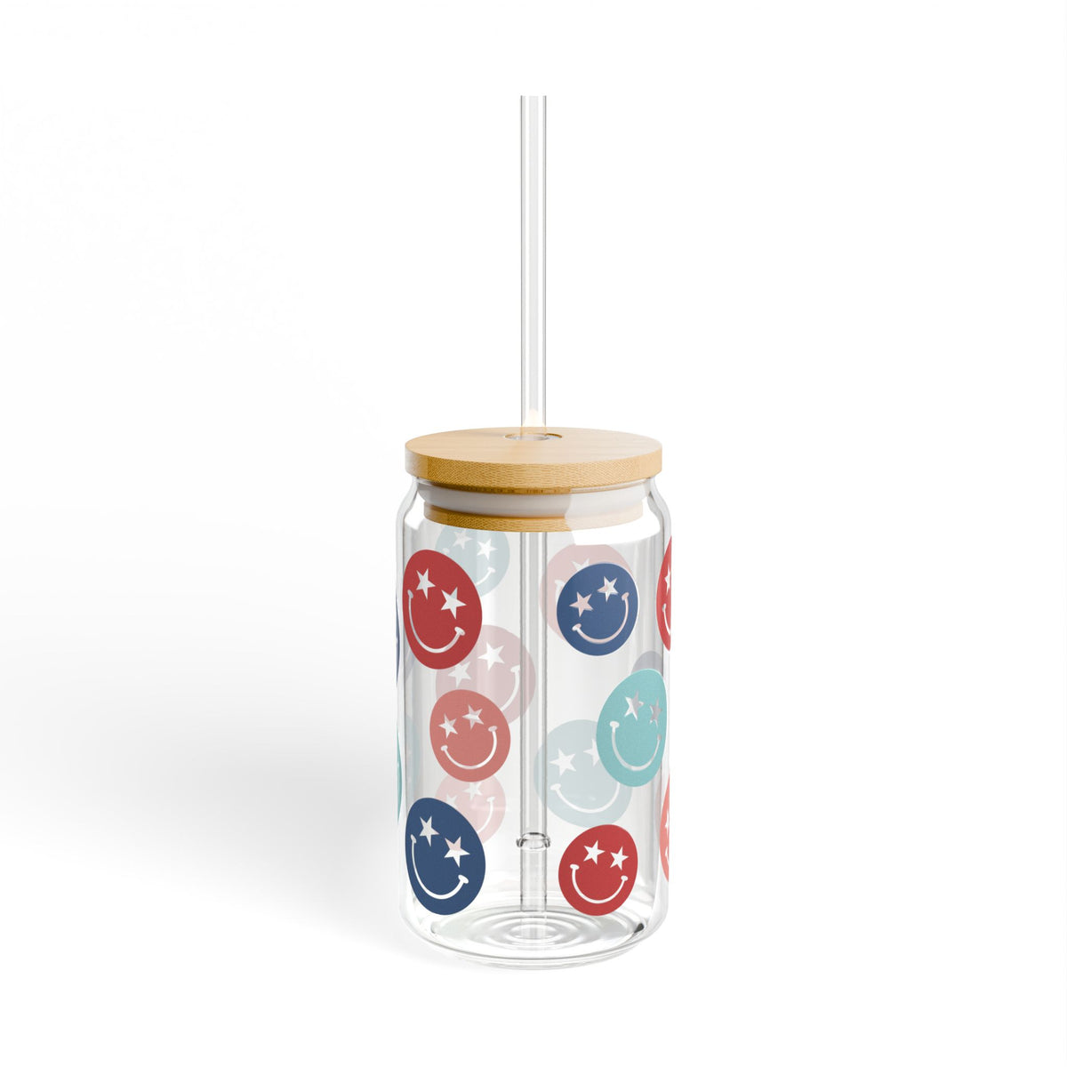 Star Smiley Tumbler Sipper Glass 16oz — Reusable Drink Jar with Lid & Straw