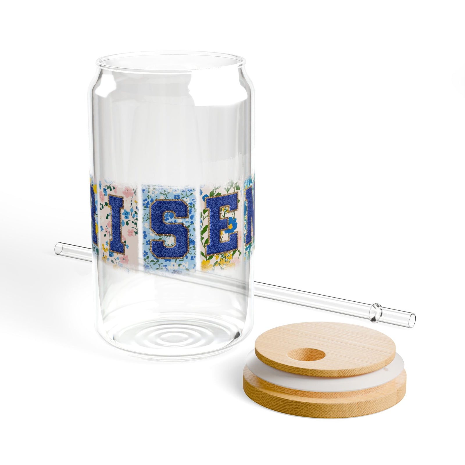 Risen Floral Faux Patch Christian Easter Sipper Glass 16oz Reusable Drink Jar with Lid & Straw