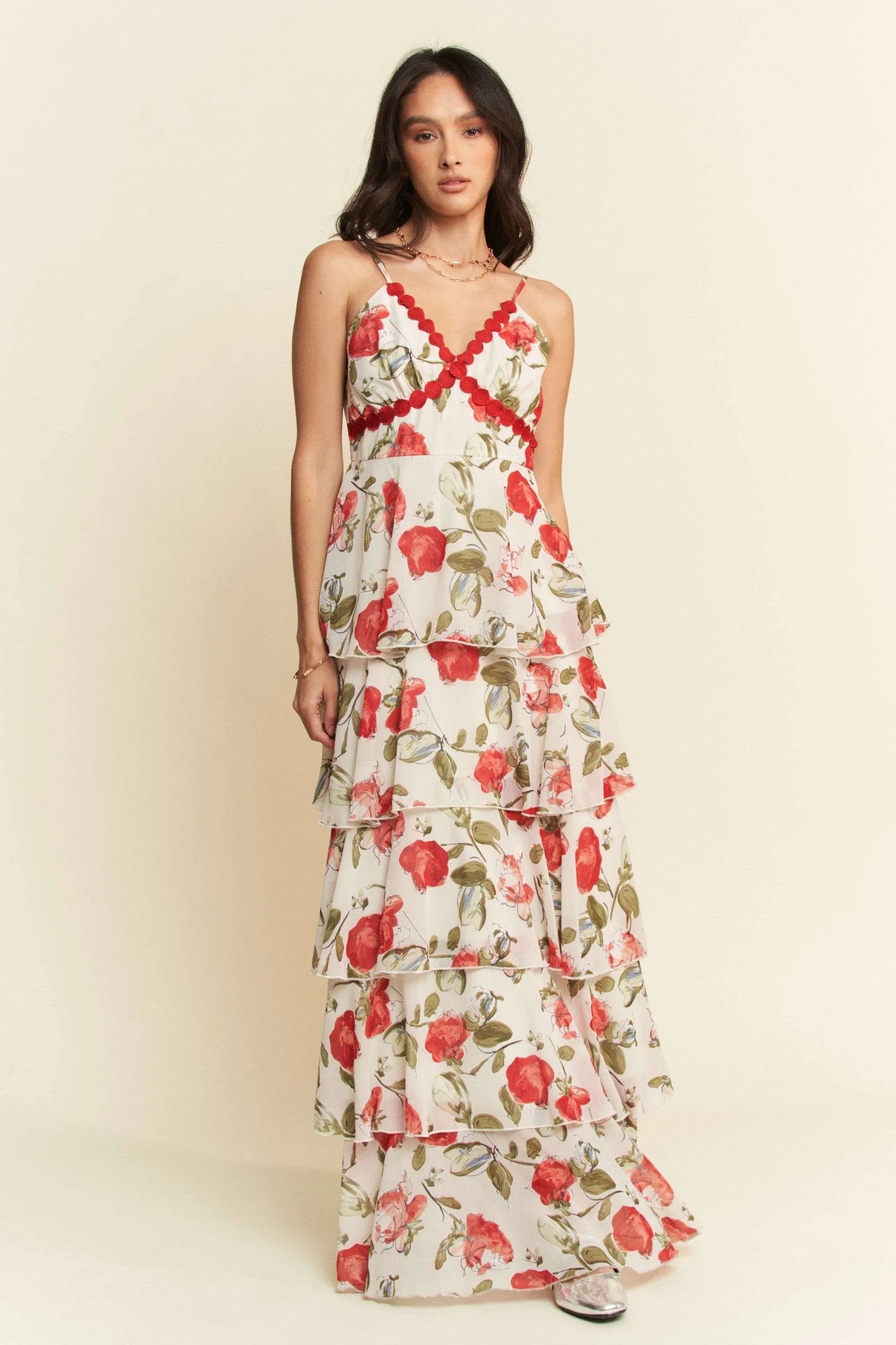 Davi & Dani Contrast Ring Lace Layered Ruffle Maxi Cami Dress - Sydney So Sweet