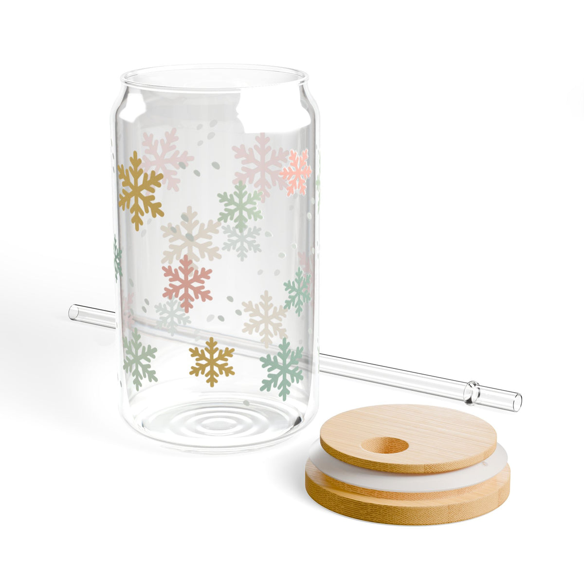 Pastel Snowflake Winter Christmas Sipper Glass 16oz Reusable Drink Jar with Lid & Straw