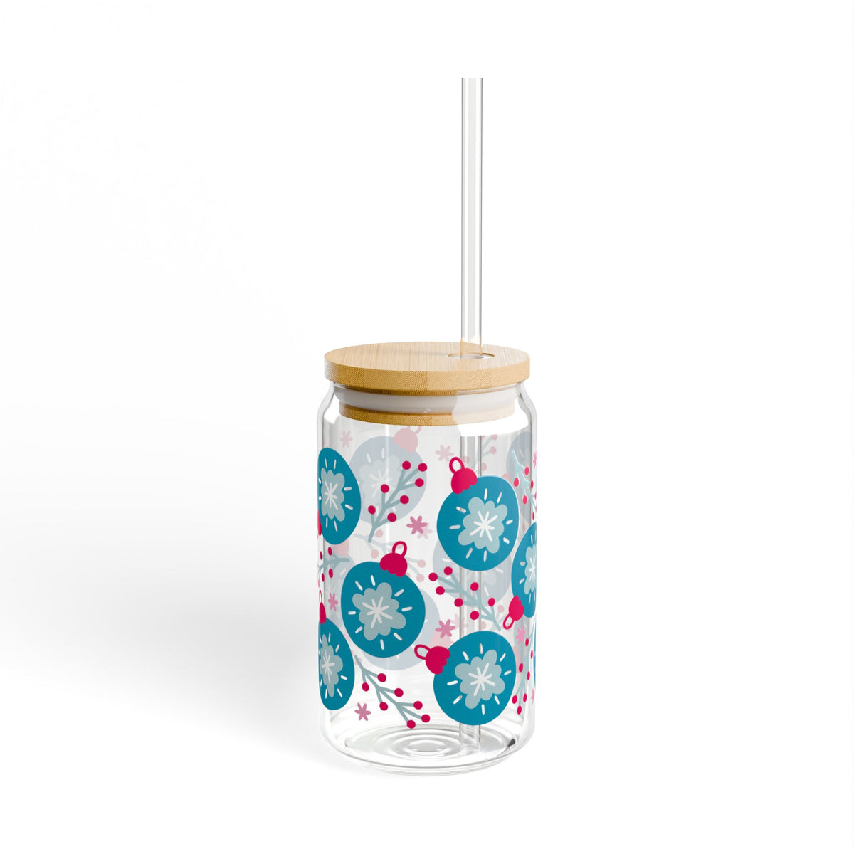 Opulent Ornaments Christmas Sipper Glass 16oz Reusable Drink Jar with Lid & Straw