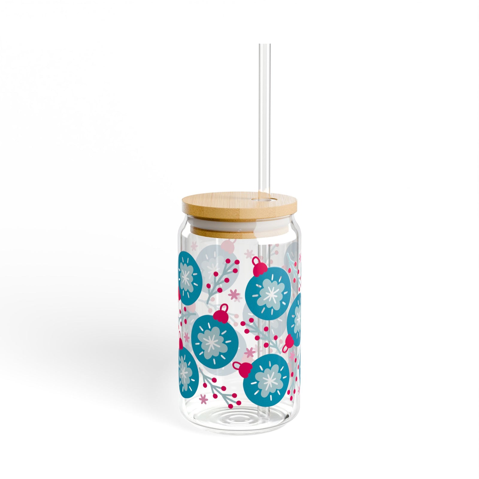Opulent Ornaments Christmas Sipper Glass 16oz Reusable Drink Jar with Lid & Straw