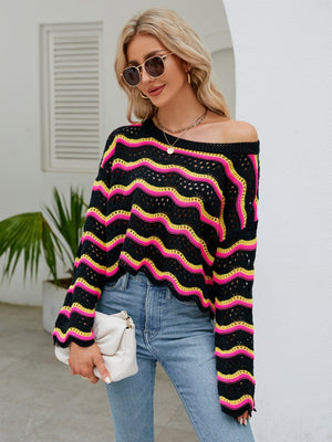 Round Neck Openwork Flare Sleeve Knit Top - Sydney So Sweet