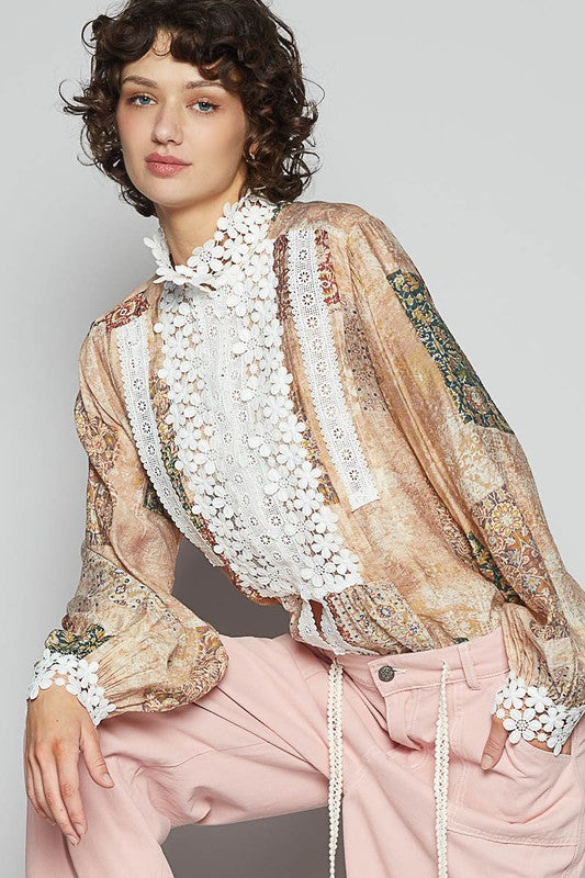 POL Lace Detail Printed Button Down Shirt - Sydney So Sweet