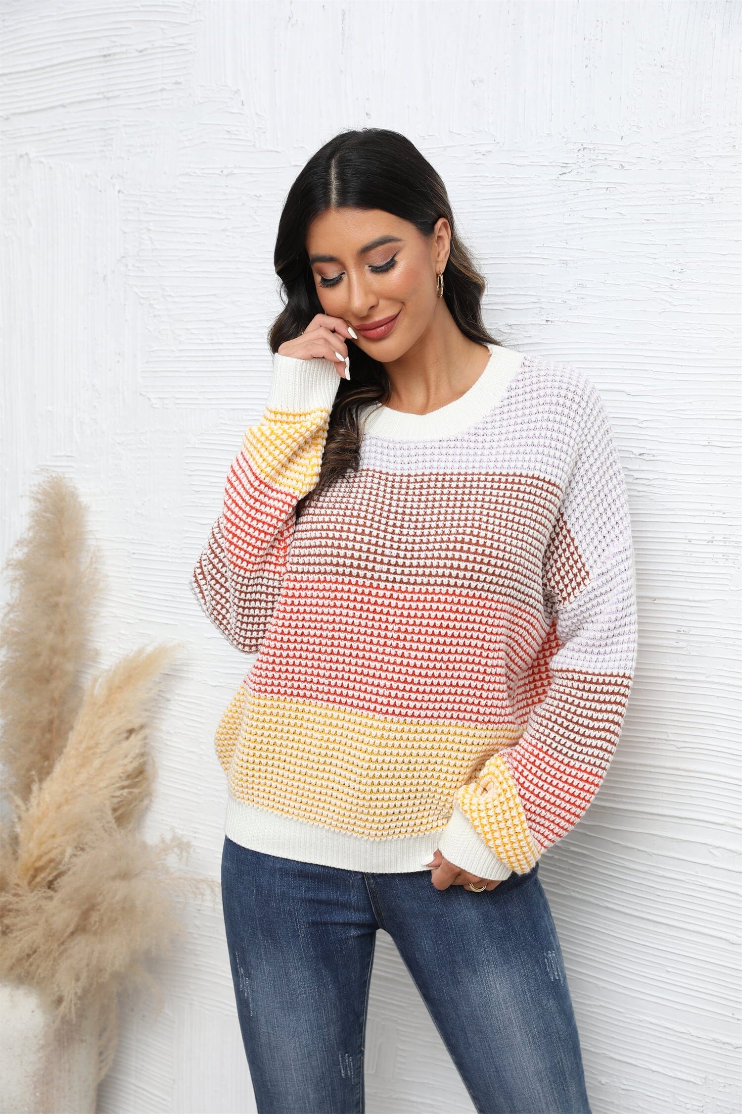 Waffle-Knit Round Neck Dropped Shoulder Color Block Sweater - Sydney So Sweet