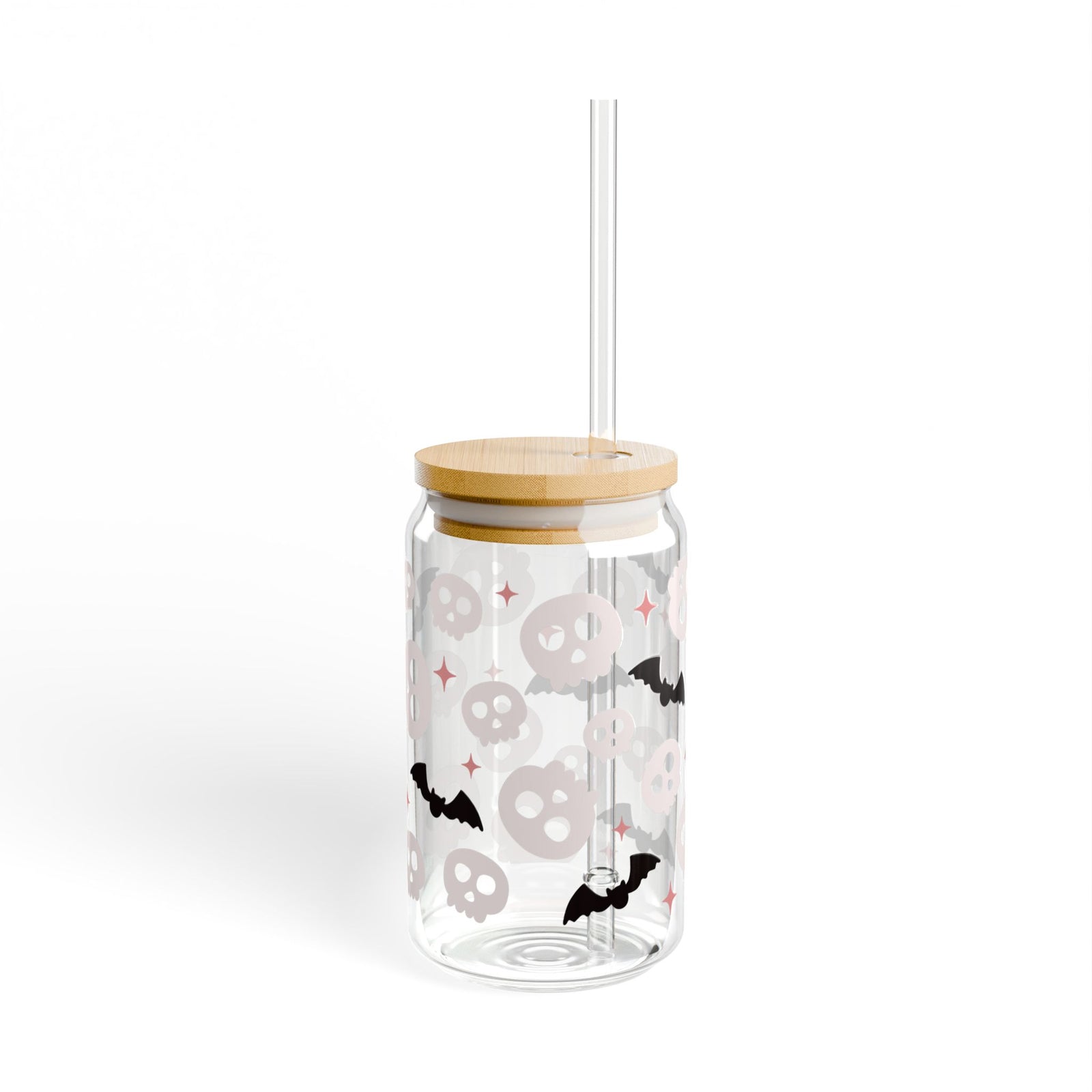 Spooky Halloween Skull & Bats Sipper Glass 16oz Reusable Drink Jar with Lid & Straw
