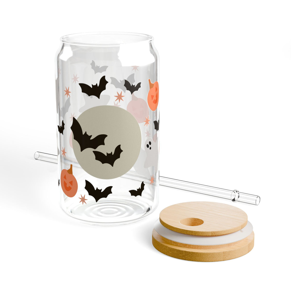 Halloween Bat & Pumpkin Sipper Glass 16oz Reusable Drink Jar with Lid & Straw