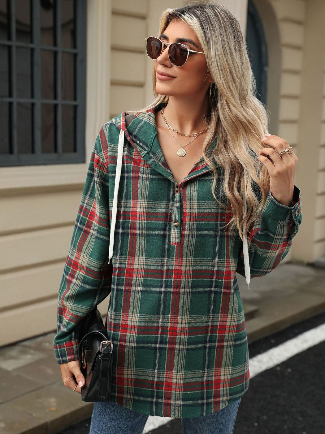 Drawstring Plaid Hooded Long Sleeve Top - Sydney So Sweet