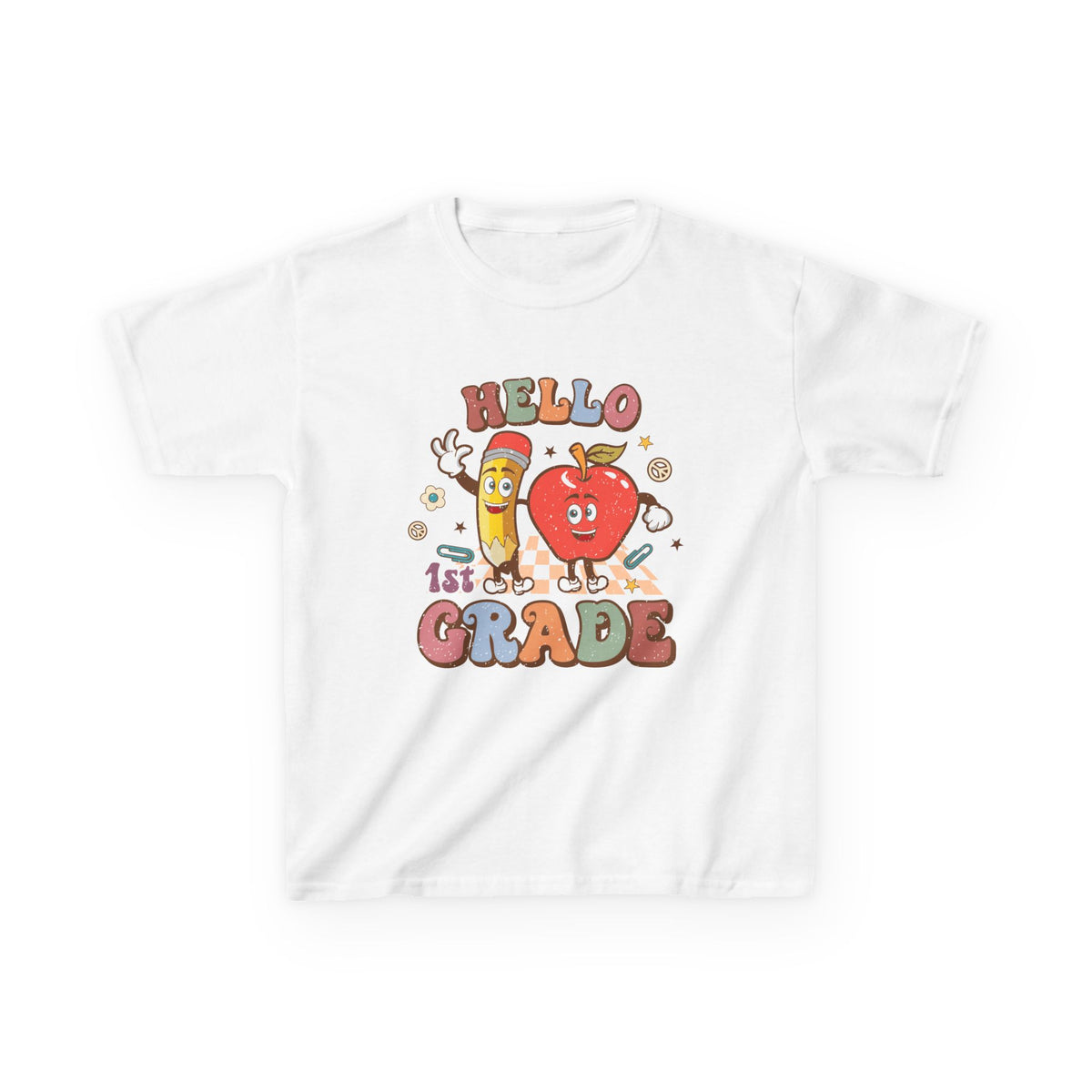 Hello 1st Grade Cute Apple & Pencil Graphic Tee Back-to-School First Grade Kids T-Shirt