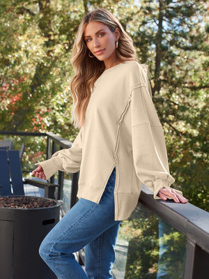 Slit Round Neck Long Sleeve Sweatshirt - Sydney So Sweet