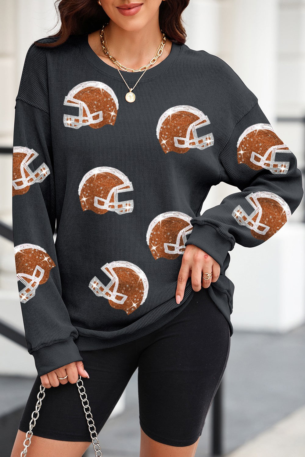 Sequin Football Helmet Women&#39;s Graphic Long Sleeve Sweatshirt - Sydney So Sweet