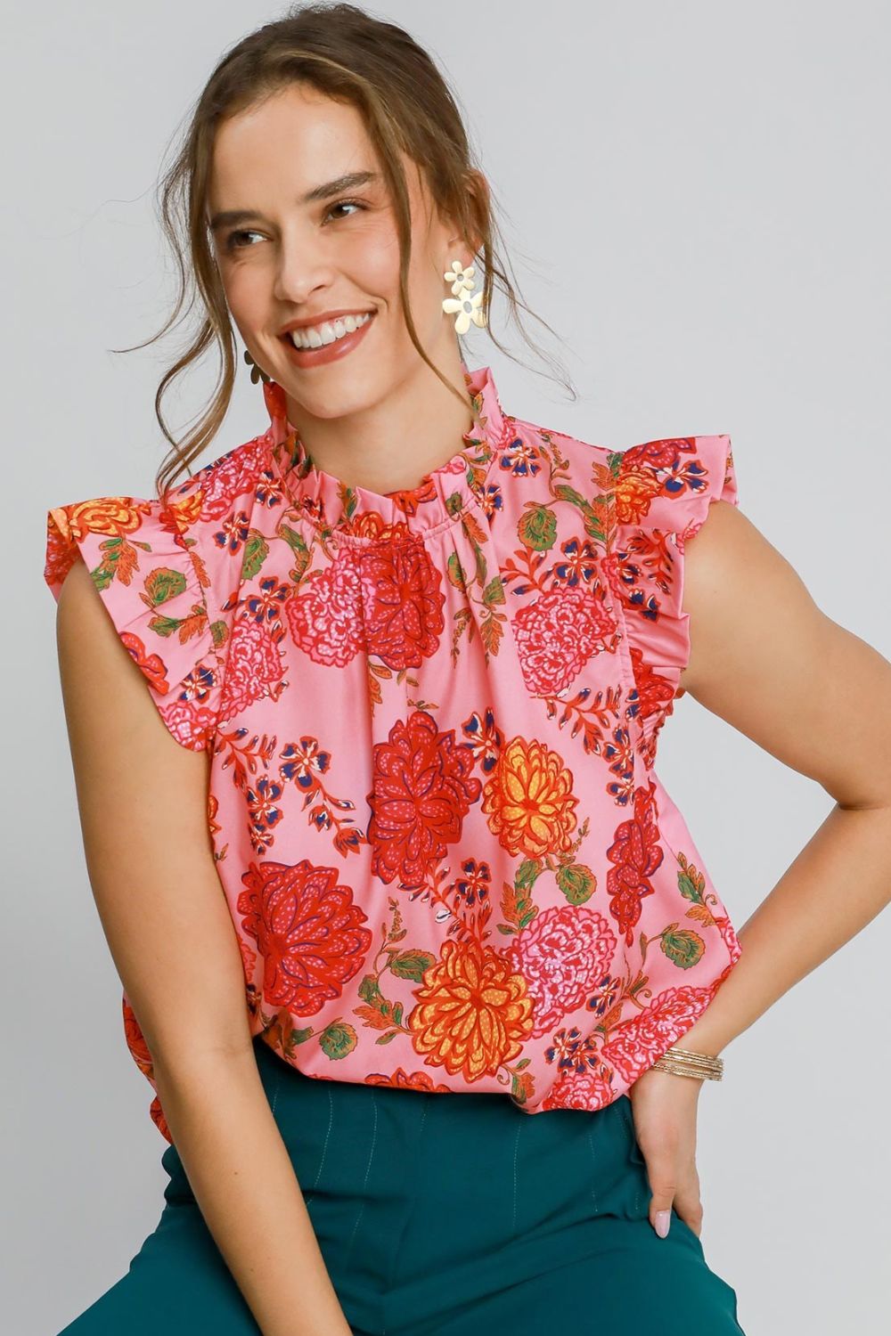 Umgee Full Size Floral Print Ruffled Cap Sleeve Blouse Plus Size - Sydney So Sweet
