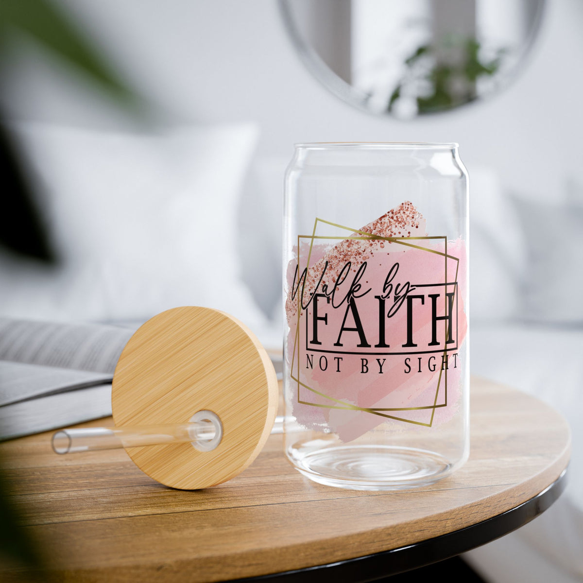 Walk by Faith Not by Sight Inspirational Tumbler Sipper Glass 16oz — Reusable Drink Jar with Lid & Straw - Sydney So Sweet