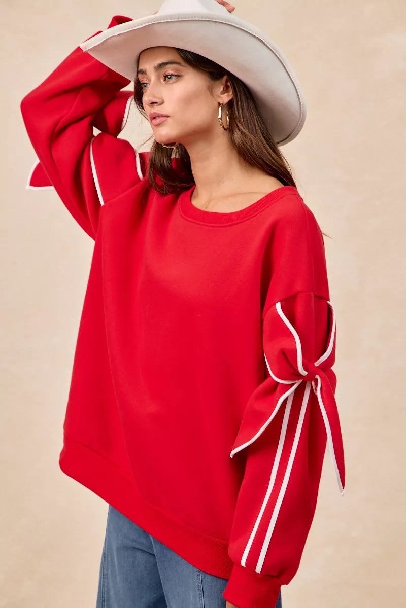 BiBi Bow Detail Sleeves Fleece Sweatshirt - Sydney So Sweet