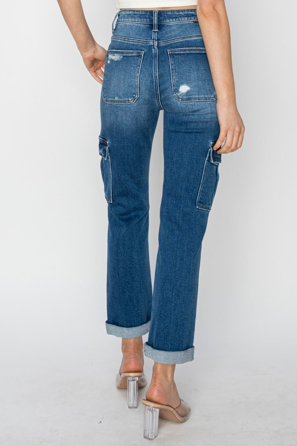 RISEN Full Size High Rise Cargo Ankle Roll Up Straight Jeans - Sydney So Sweet