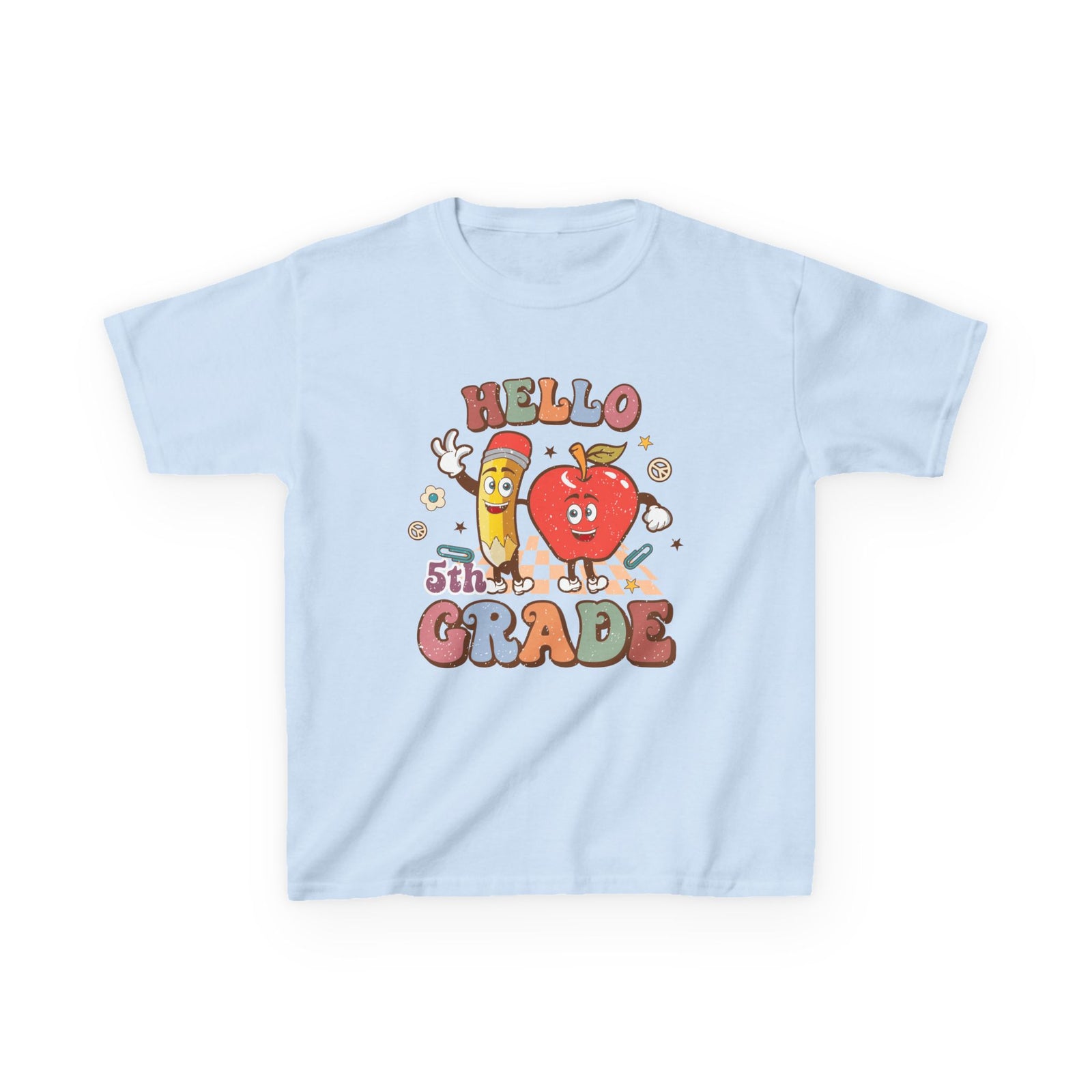 Hello 5th Grade Cute Apple & Pencil Graphic Tee Back-to-School Fifth Grade Kids T-Shirt