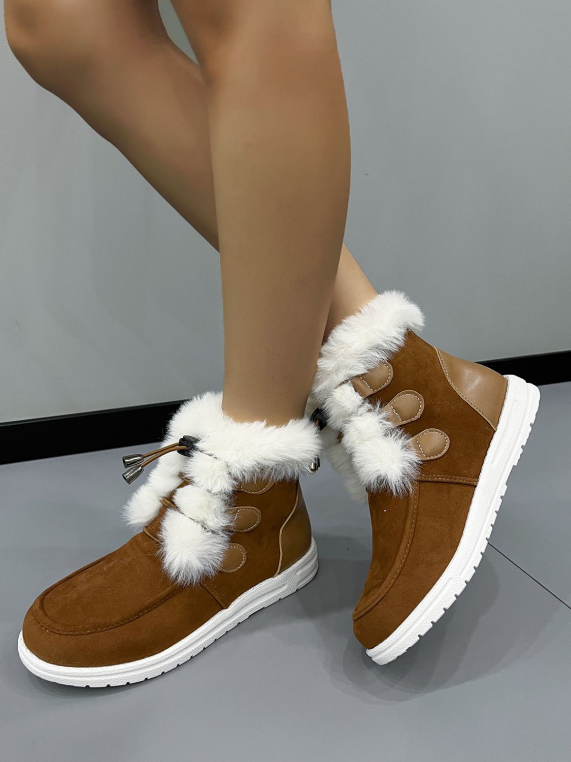 Plush Detail Suede Round Toe Boots - Sydney So Sweet