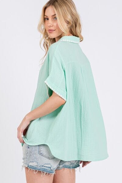 SAGE+FIG Boho Contrast Zigzag Trim Gauze Button-Up Shirt - Sydney So Sweet