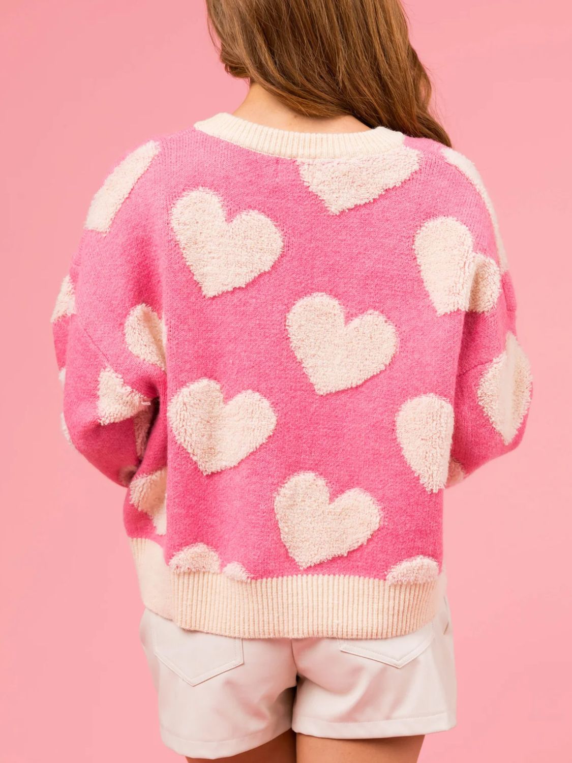 Valentine’s Day Fuzzy Heart Round Neck Long Sleeve Sweater - Sydney So Sweet