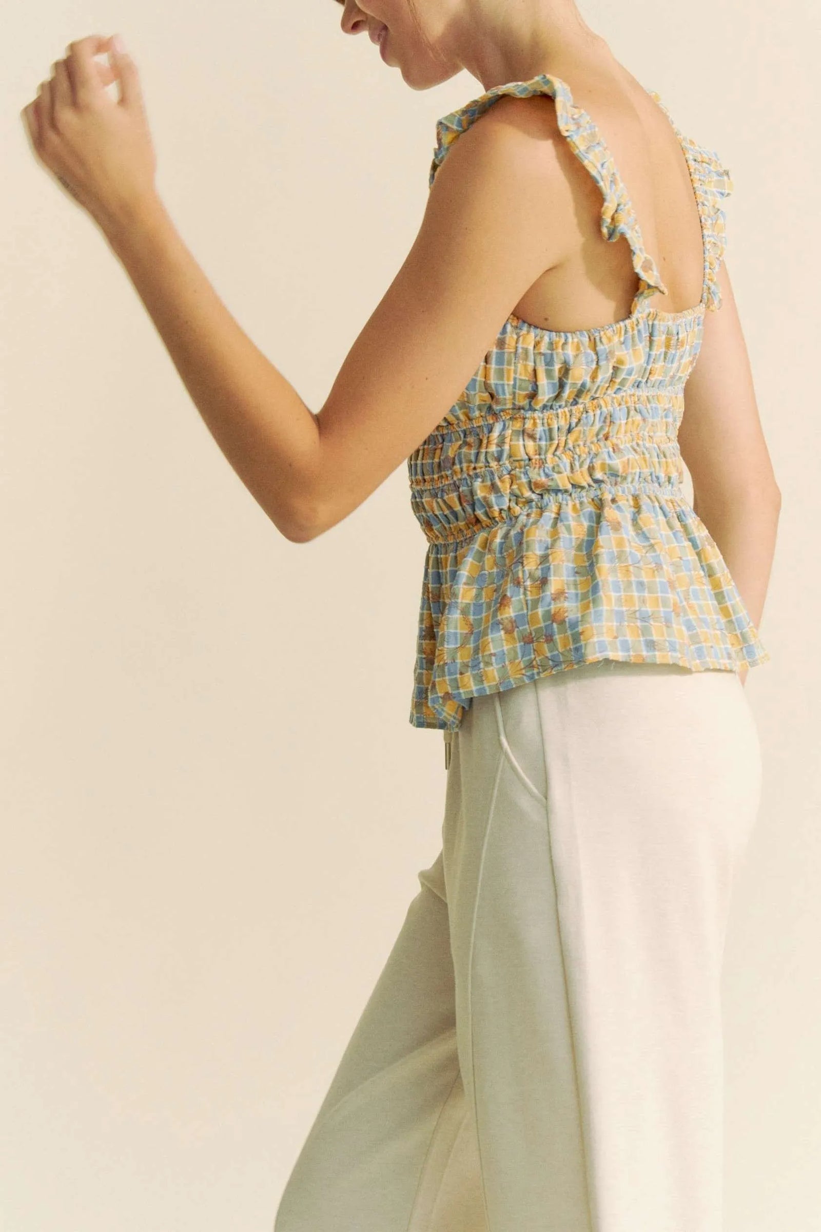 Davi & Dani Plaid Ruffled Strap Smocked Sleeveless Top - Sydney So Sweet