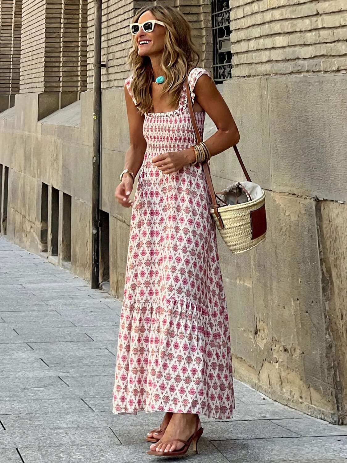 Smocked Printed Square Neck Sleeveless Dress - Sydney So Sweet