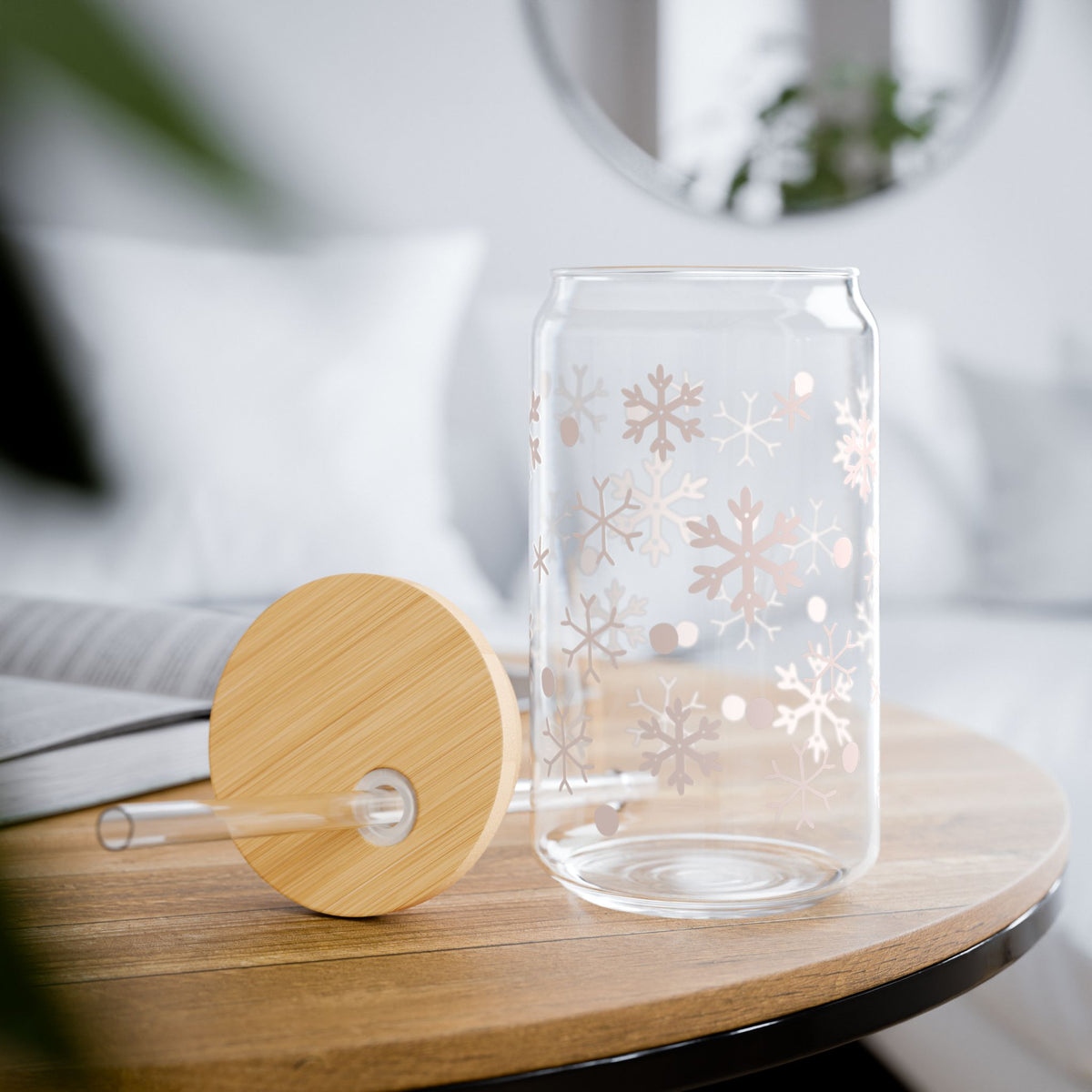 Winter Wonder Snowflakes Sipper Glass 16oz Reusable Drink Jar with Lid & Straw