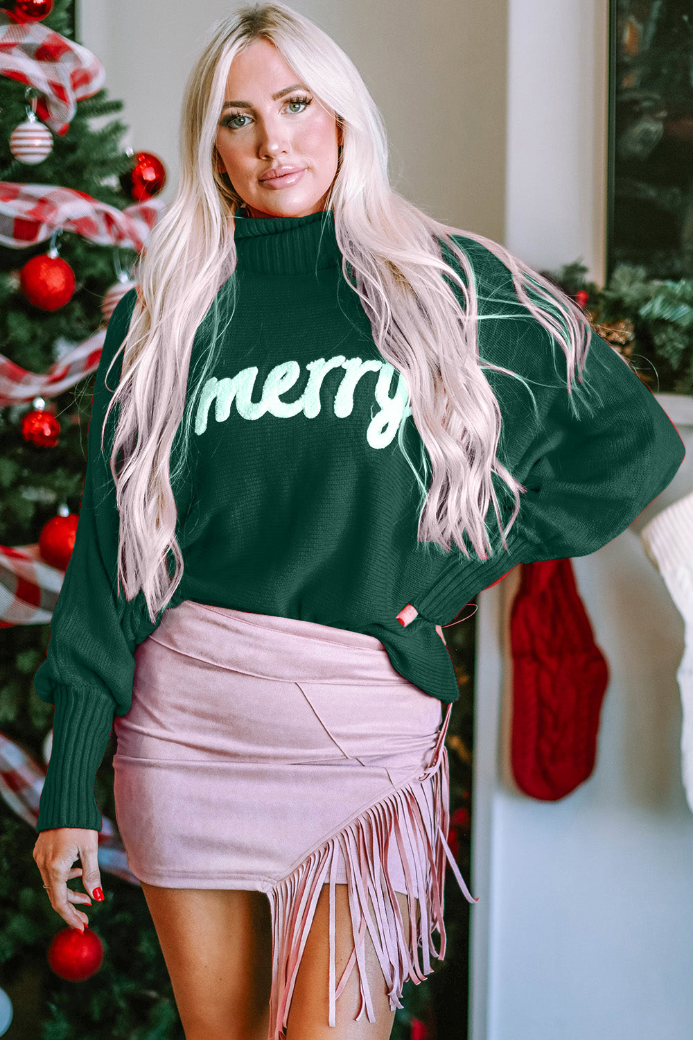 Double Take Full Size Merry Christmas Turtleneck Long Sleeve Sweater - Sydney So Sweet