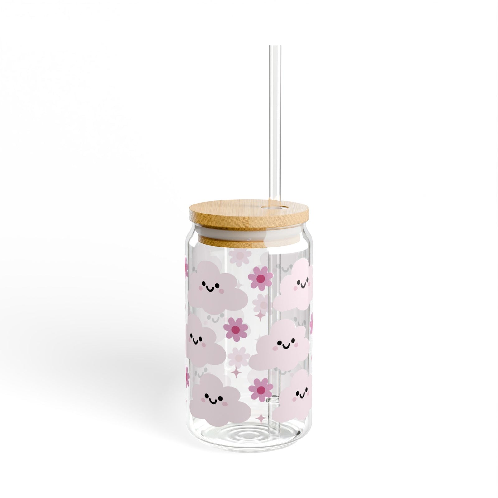 Happy Cloud Pink Tumbler Sipper Glass 16oz — Reusable Drink Jar with Lid & Straw