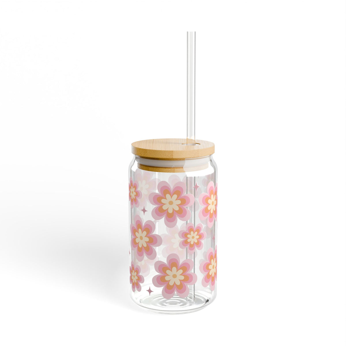 Groovy Flower Sipper Glass 16oz — Reusable Drink Jar with Lid & Straw
