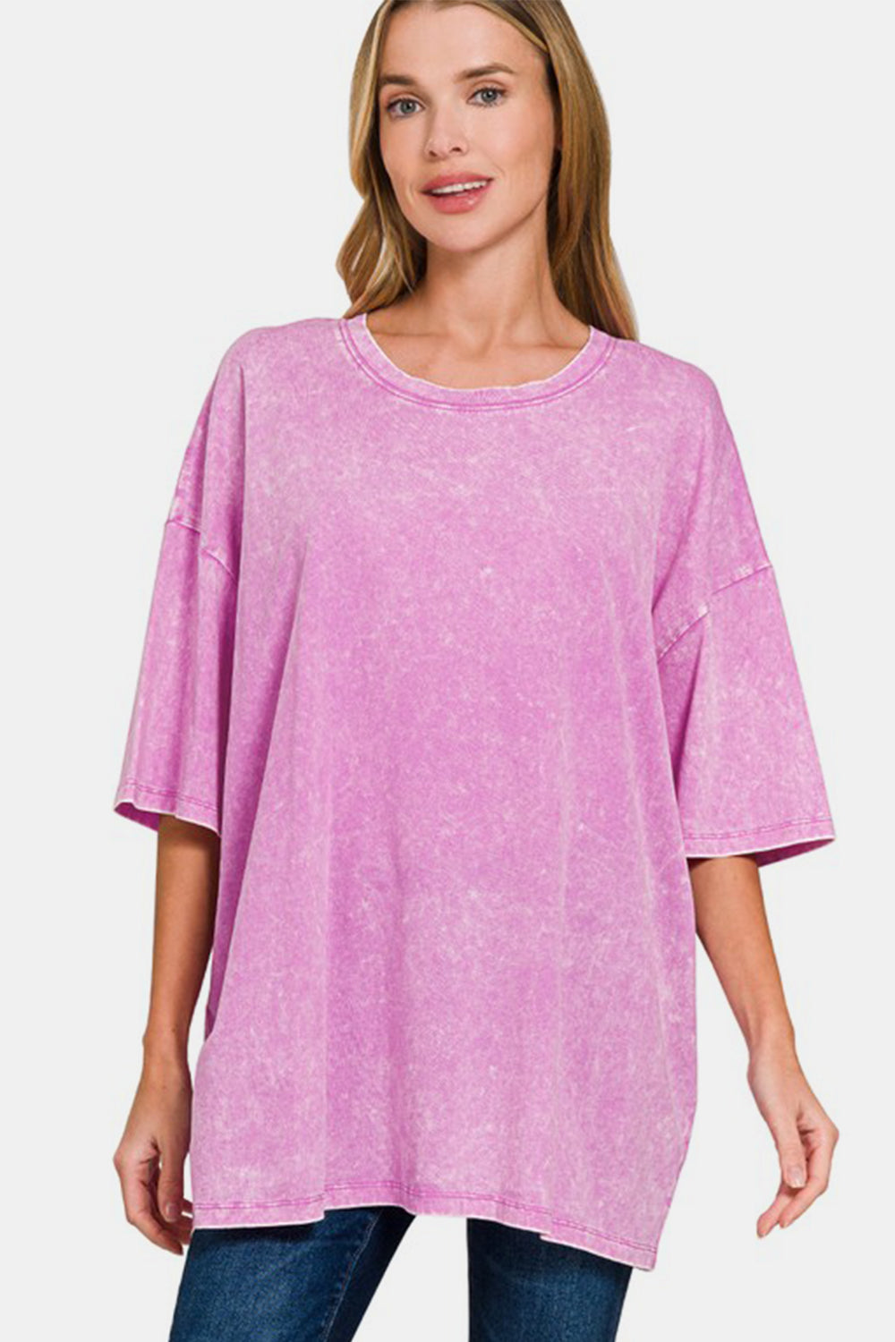 Zenana Full Size Washed Round Neck Drop Shoulder Oversized T-Shirt - Sydney So Sweet